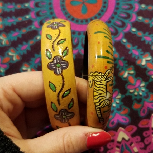 wood Jewelry - SOLD 2 Hand Painted Wooden Bangles